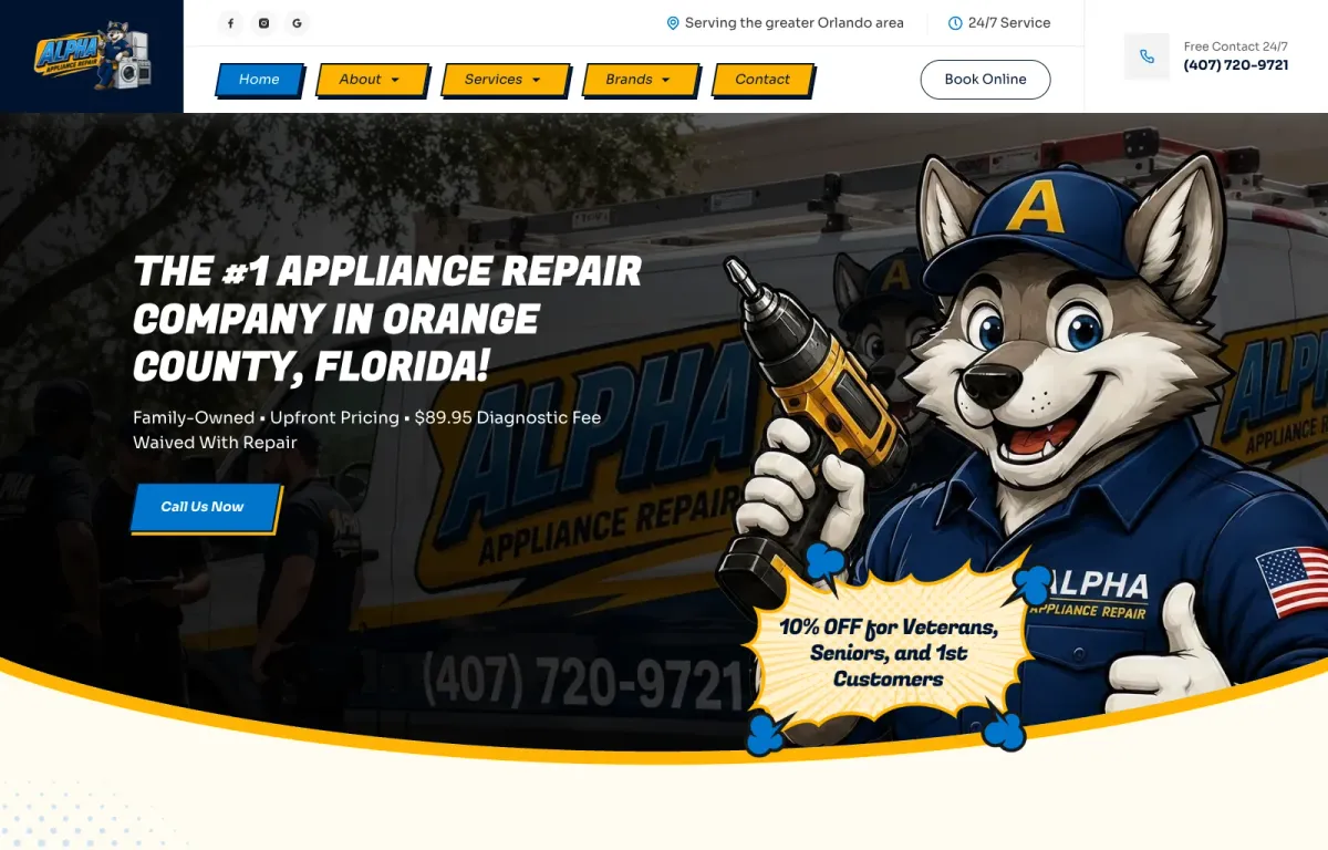 Alpha Appliance Repair desktop website on a MacBook