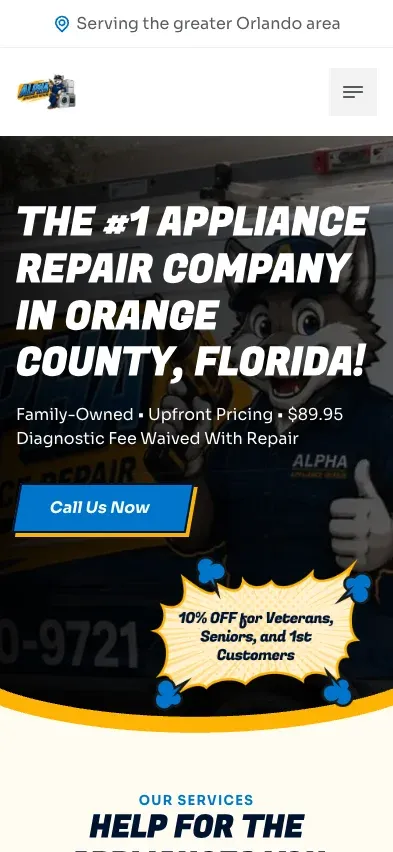 Alpha Appliance Repair mobile website on an iPhone