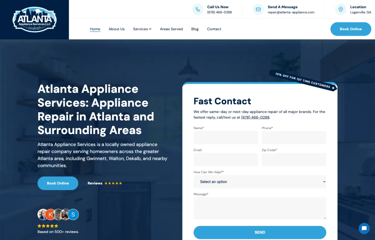 Atlanta Appliance Services desktop website on a MacBook