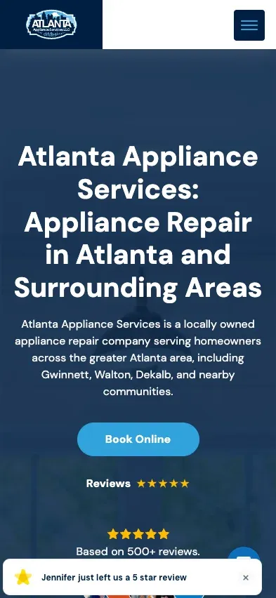 Atlanta Appliance Services mobile website on an iPhone