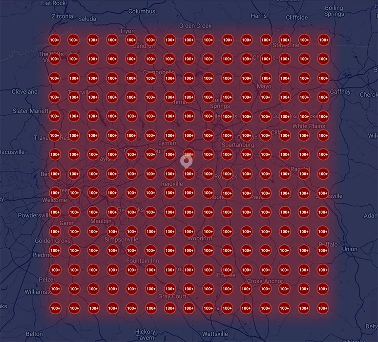 Google Maps ranking grid showing poor local visibility for a painting company