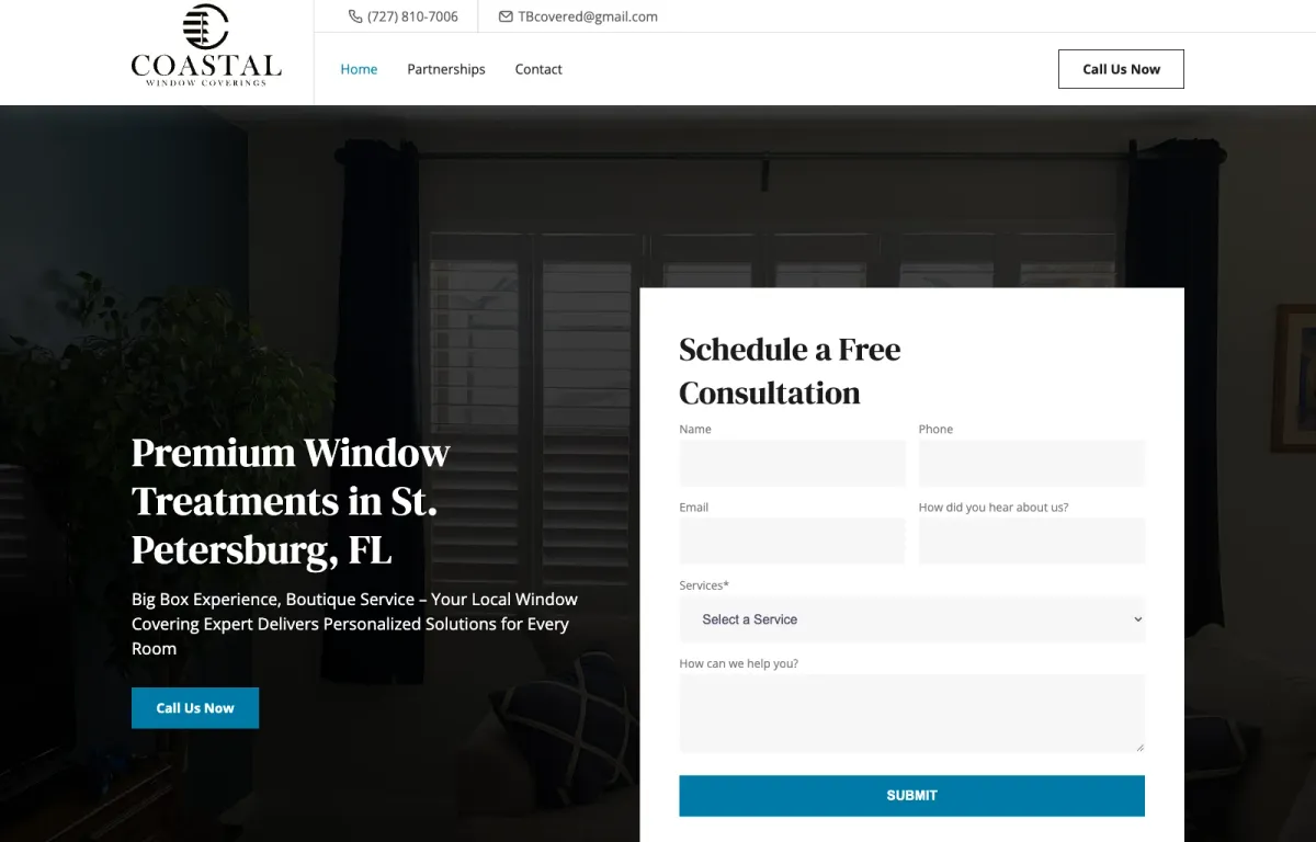 Coastal Window Coverings desktop website on a MacBook