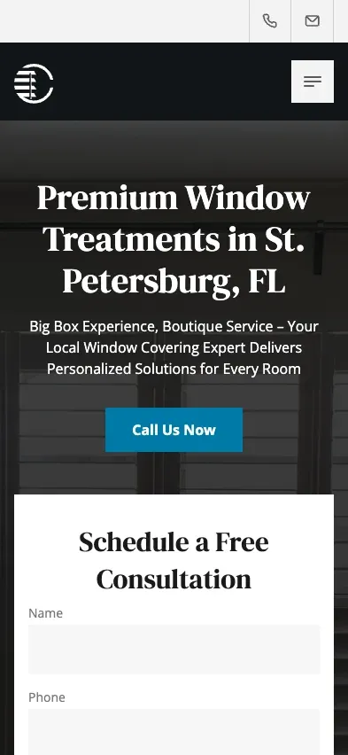 Coastal Window Coverings mobile website on an iPhone