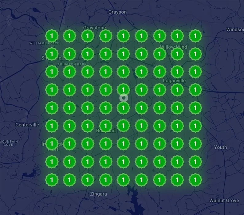 Google Maps ranking grid showing strong local visibility for an appliance company