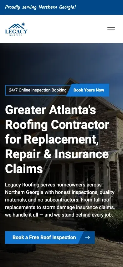 Legacy Roofing mobile website on an iPhone